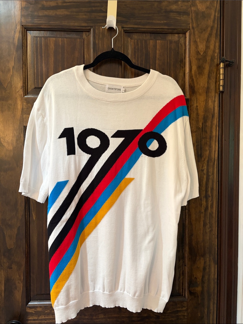 1970 Graphic Knit Short-Sleeve Shirt - White with Multicolor Stripes